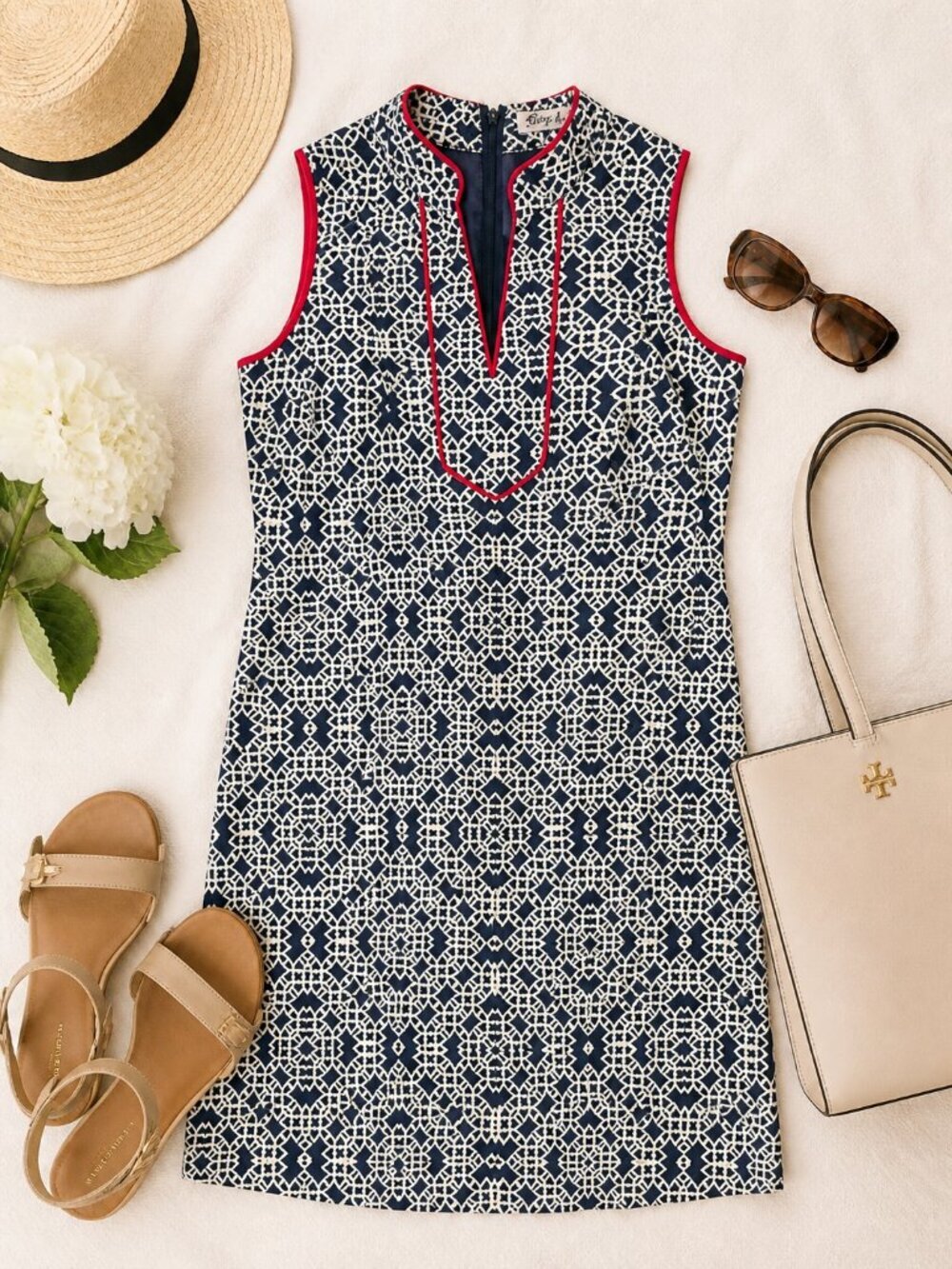 Eliza J Navy White Print Shift Dress Sleeveless Red Trim Size 8
